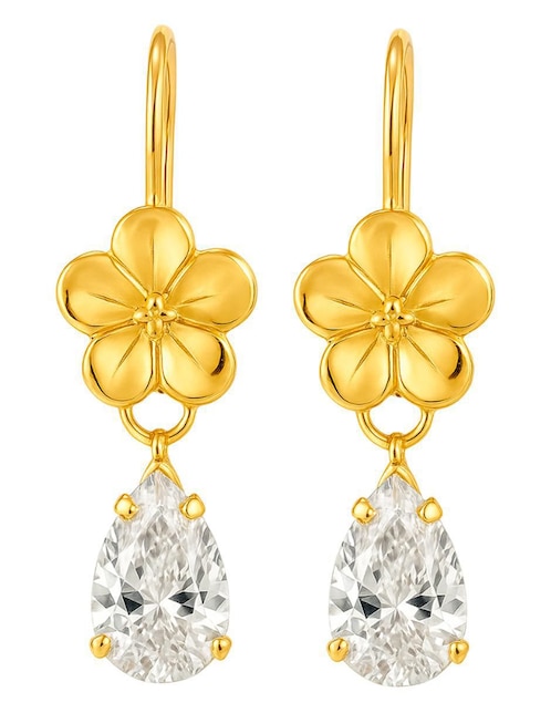 Aretes largos de flor de oro 10 k con acabado brillante zirconia