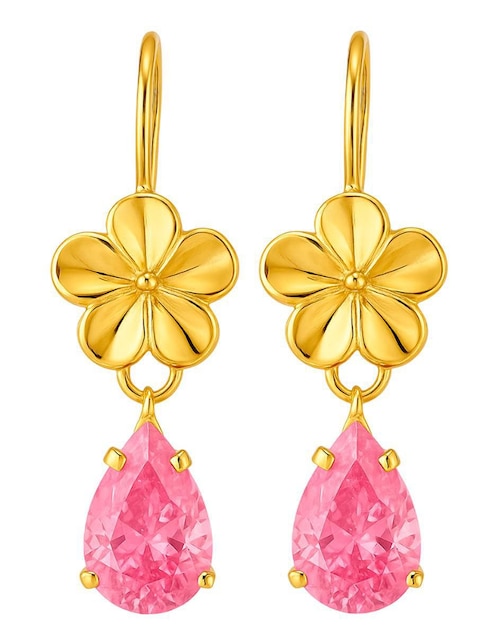 Aretes largos de flor de oro 10 k con acabado brillante zirconia Aretes largos de flor de oro 10 k con acabado brillante zirconia