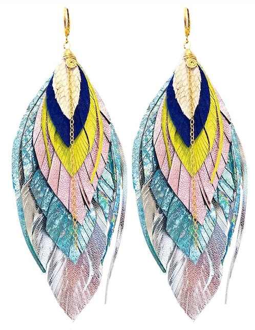 Aretes largos de pluma 18 k con acabado baño de oro 1