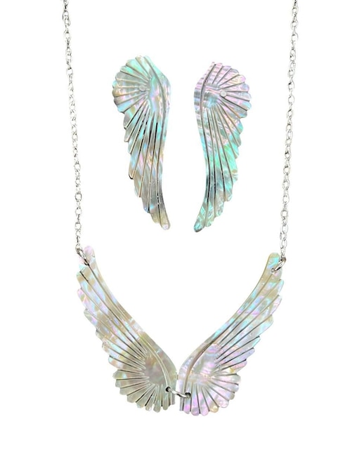 Aretes y collar "de (si aplica)" ángel mirlo blanco sin familia o colección angel "de" acero inoxidable sin kilataje concha de abulón