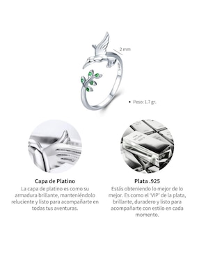 Anillo de colibrí Chulada Nature de plata circonita brillante