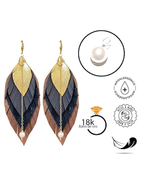 Aretes largos de pluma Vangania con acabado baño de oro 18 k