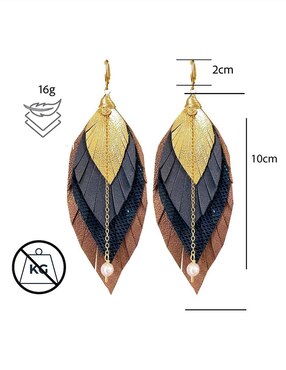 Aretes largos de pluma Vangania con acabado baño de oro 18 k