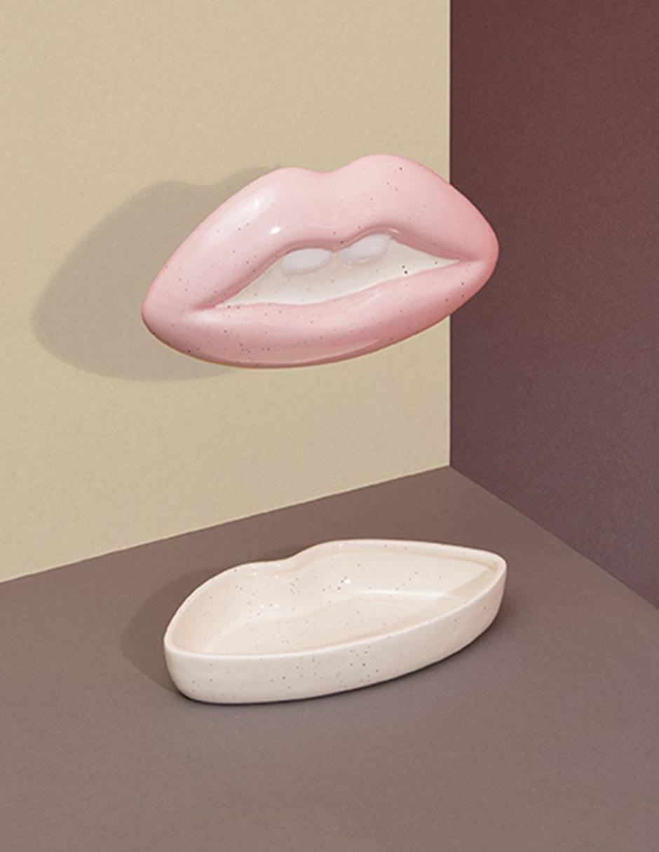 Joyero de cerámica diseño de labios de mujer color rosa 3