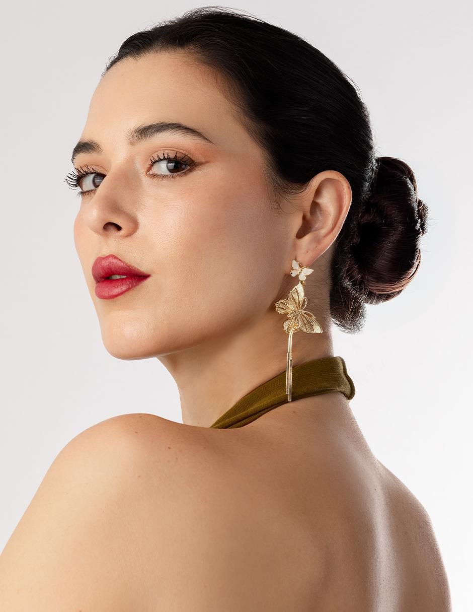Aretes largos de mariposa chapa de oro 18 K cristal 2