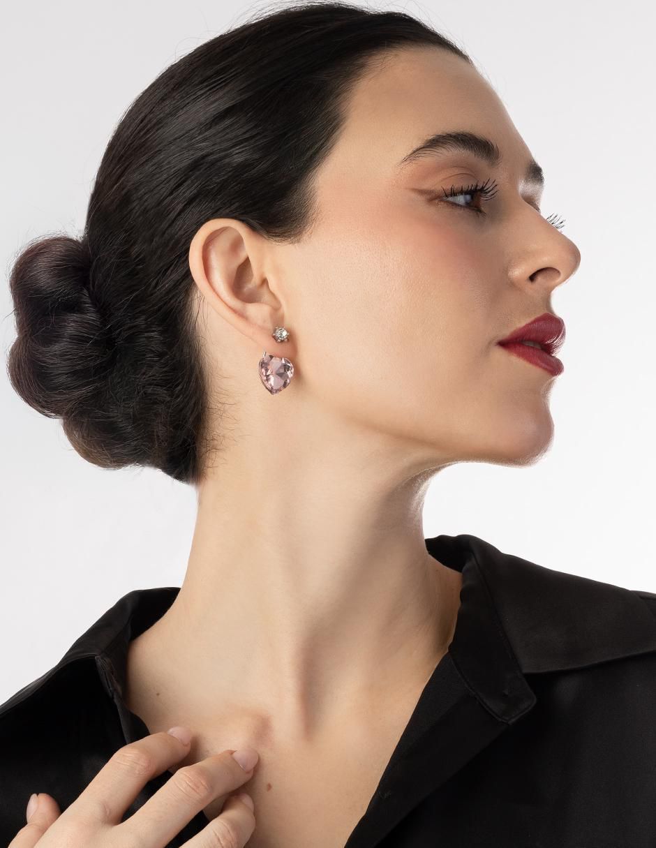 Aretes de corazón con acabado baño rodio cristal 2