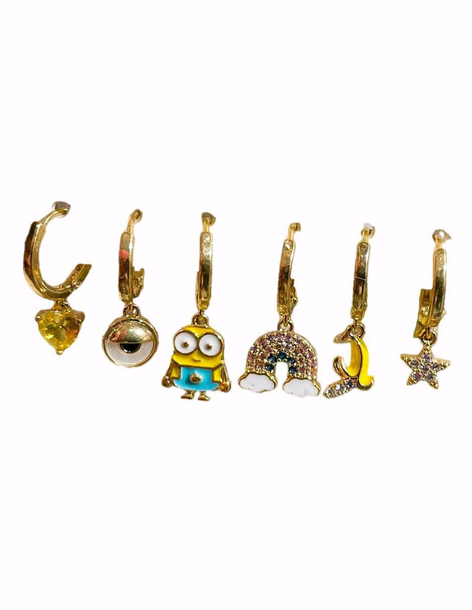 Set de aretes Minions con acabado pulido zirconia cúbica