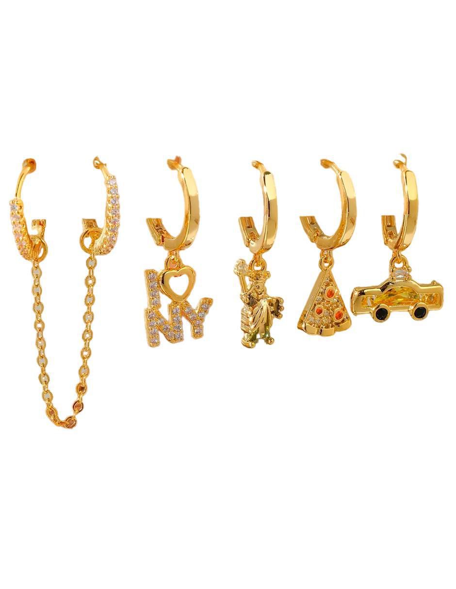 Set de aretes de diferentes diseños NY con acabado pulido zirconia cúbica