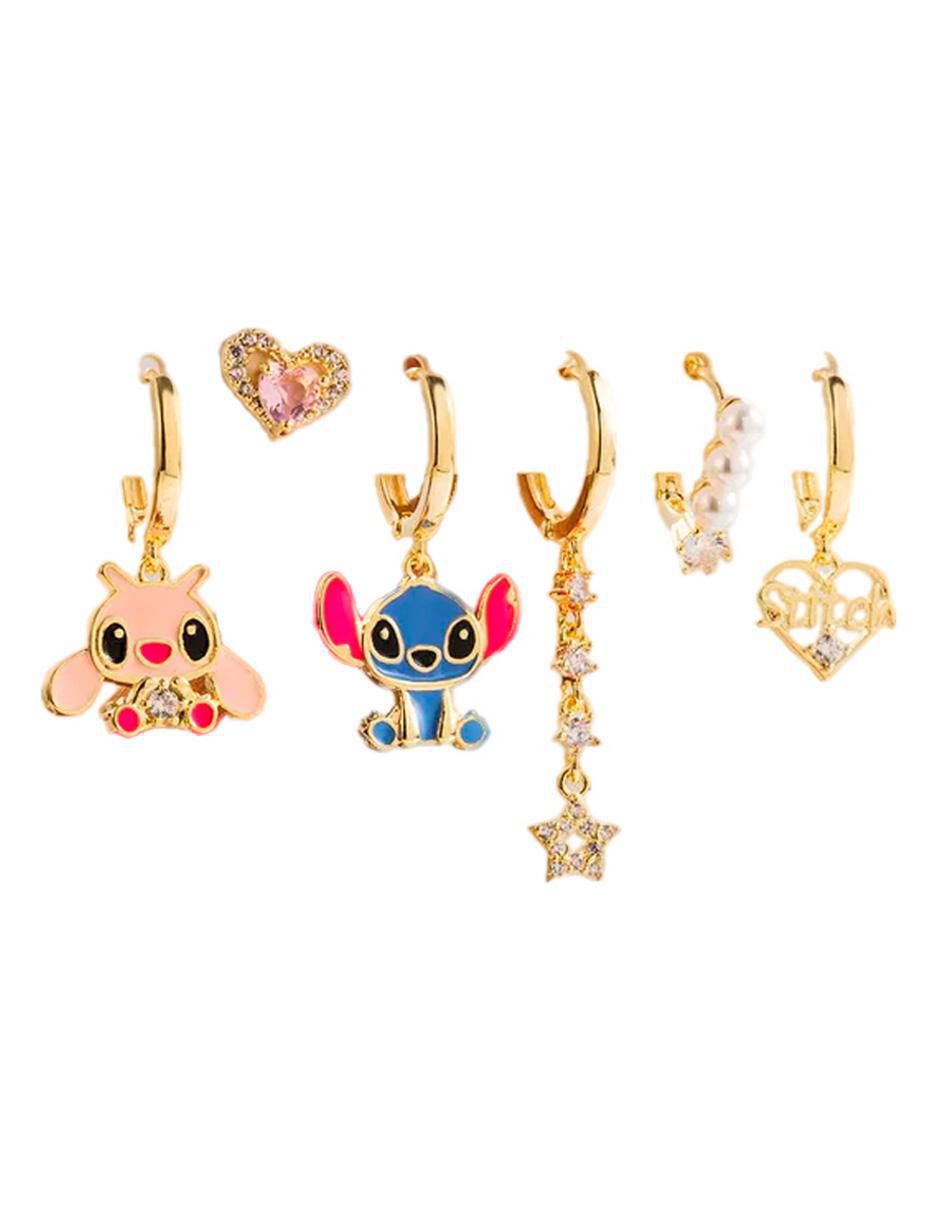 Set de aretes Stitch de oro laminado 9 K con acabado pulido zirconia cúbica
