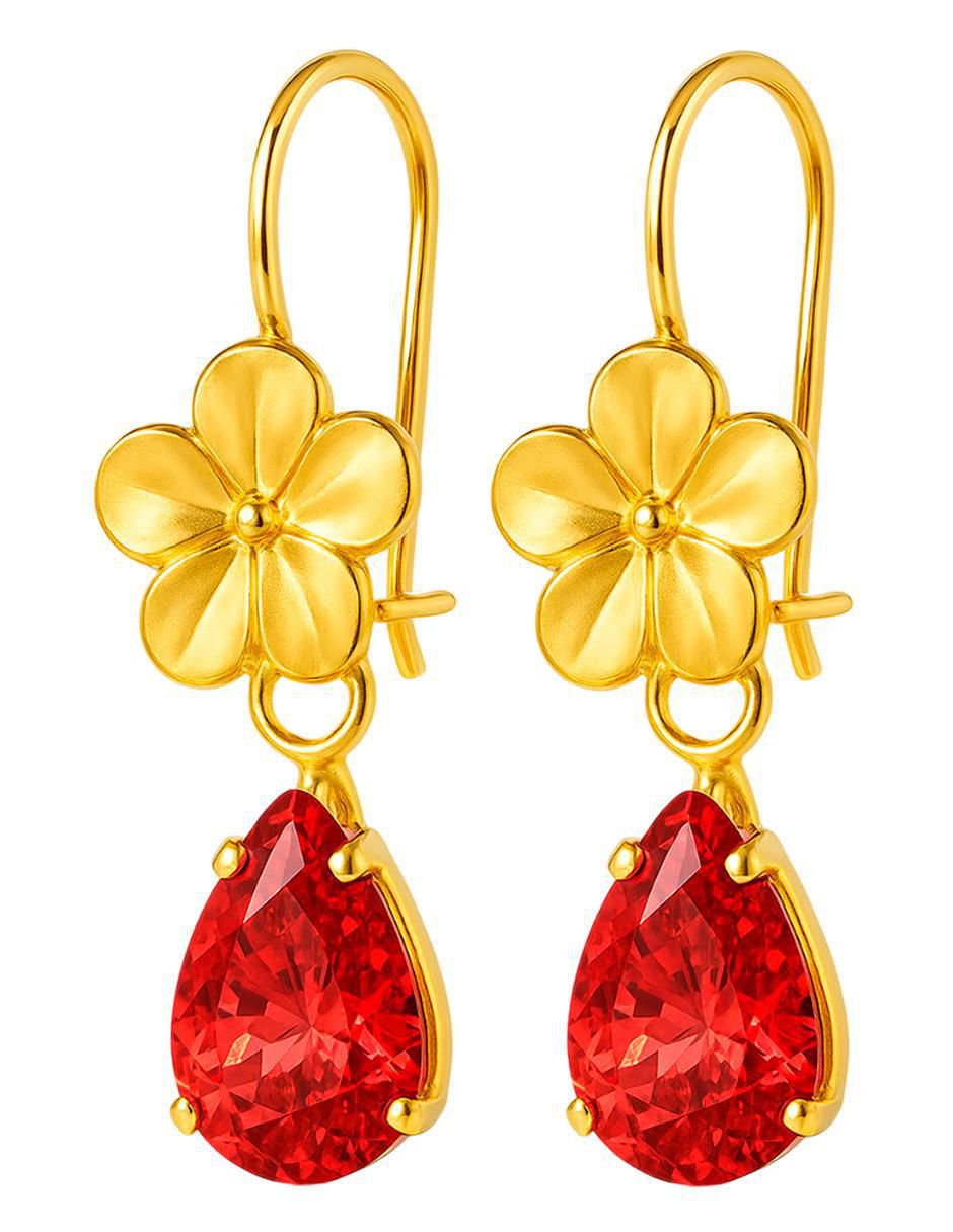 Aretes largos de flor de oro 10 k con acabado brillante zirconia 4