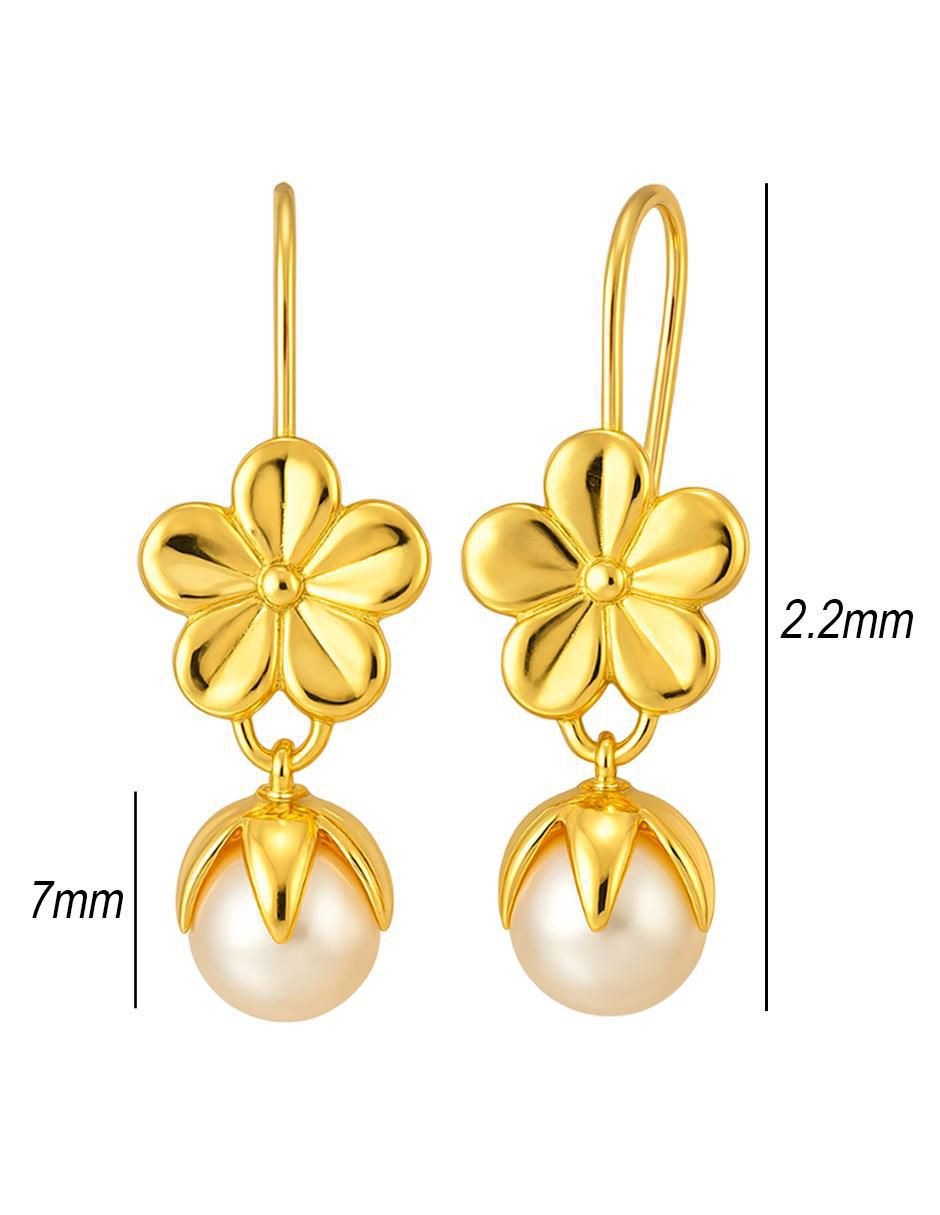 Aretes largos de flor de oro 10 k con acabado liso perla 5