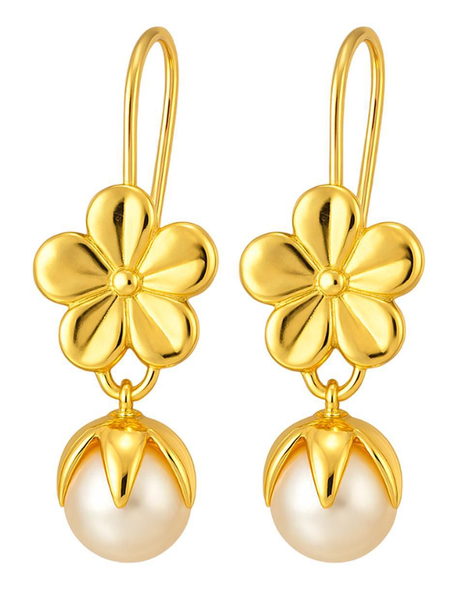 Aretes largos de flor de oro 10 k con acabado liso perla 4