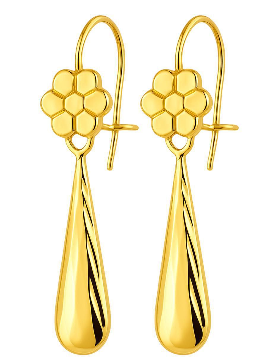 Aretes largos de flor de oro 10 k con acabado texturizado zirconia 4