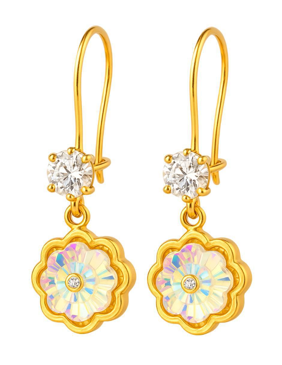 Aretes largos de flor de oro 10 k con acabado brillante zirconia 4