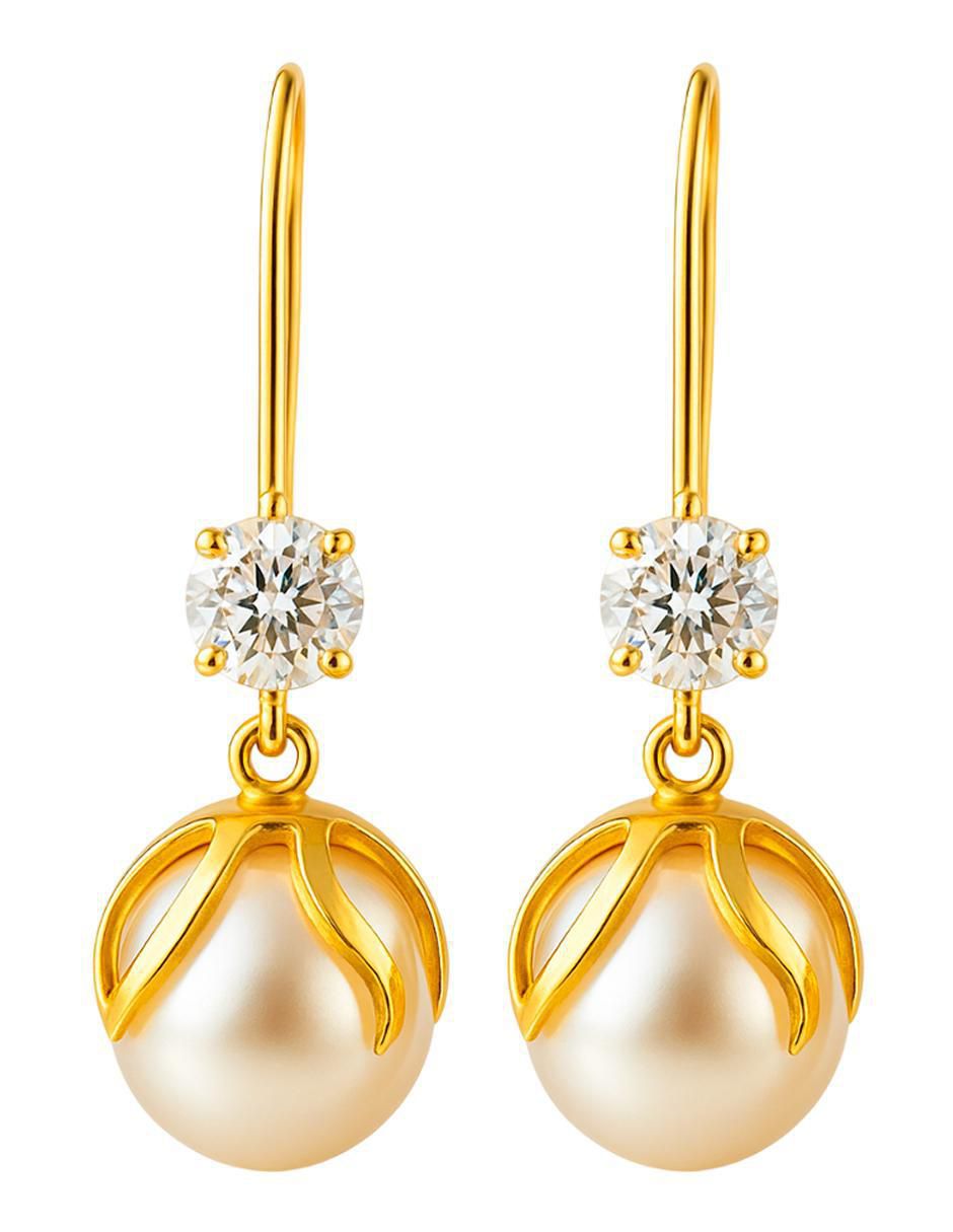 Aretes largos redondos de oro 10 k con acabado liso perla Aretes largos redondos de oro 10 k con acabado liso perla
