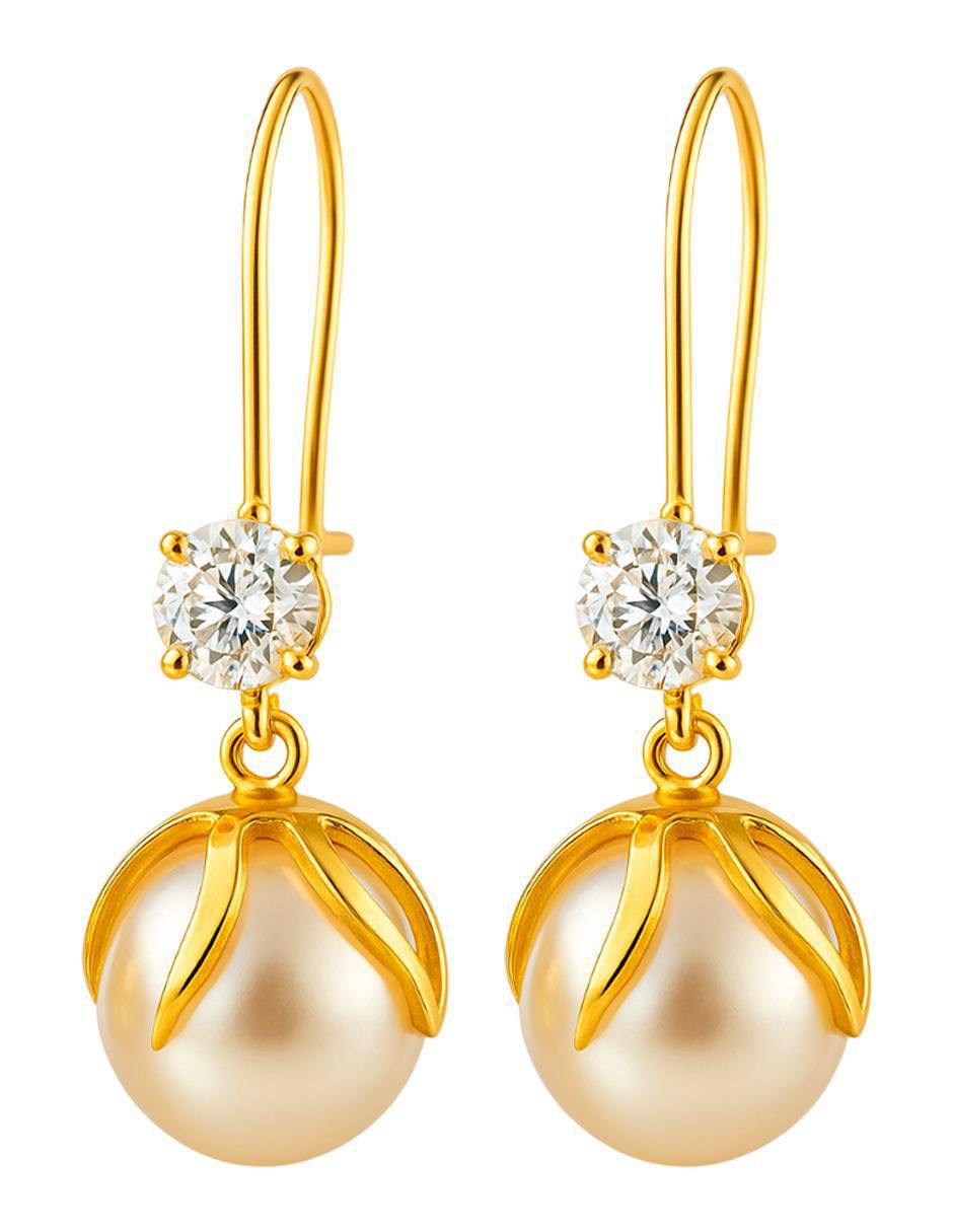 Aretes largos redondos de oro 10 k con acabado liso perla 4