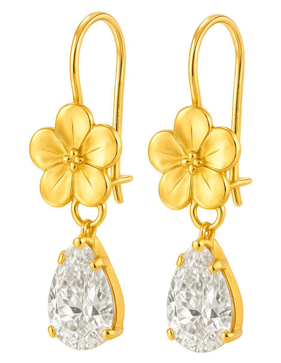 Aretes largos de flor de oro 10 k con acabado brillante zirconia 4