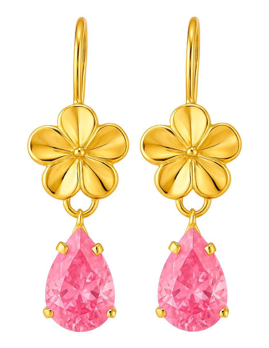 Aretes largos de flor de oro 10 k con acabado brillante zirconia Aretes largos de flor de oro 10 k con acabado brillante zirconia