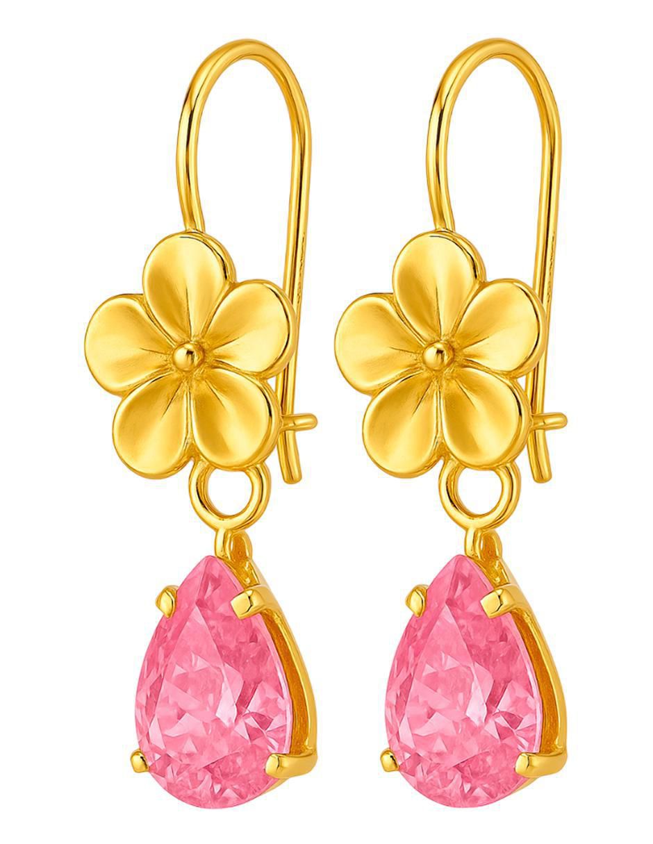 Aretes largos de flor de oro 10 k con acabado brillante zirconia 4