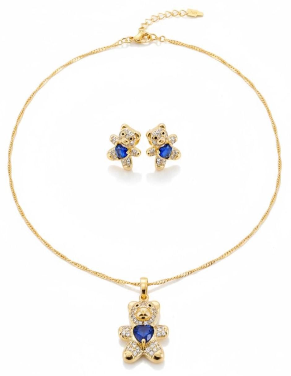 Aretes y collar de oso de oro laminado 18 K zirconia