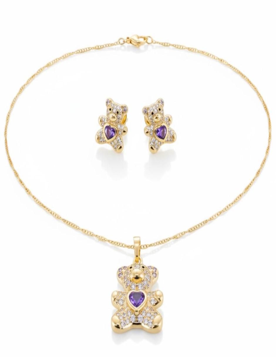 Aretes y collar de oso de oro laminado 18 K zirconia Aretes y collar de oso de oro laminado 18 K zirconia
