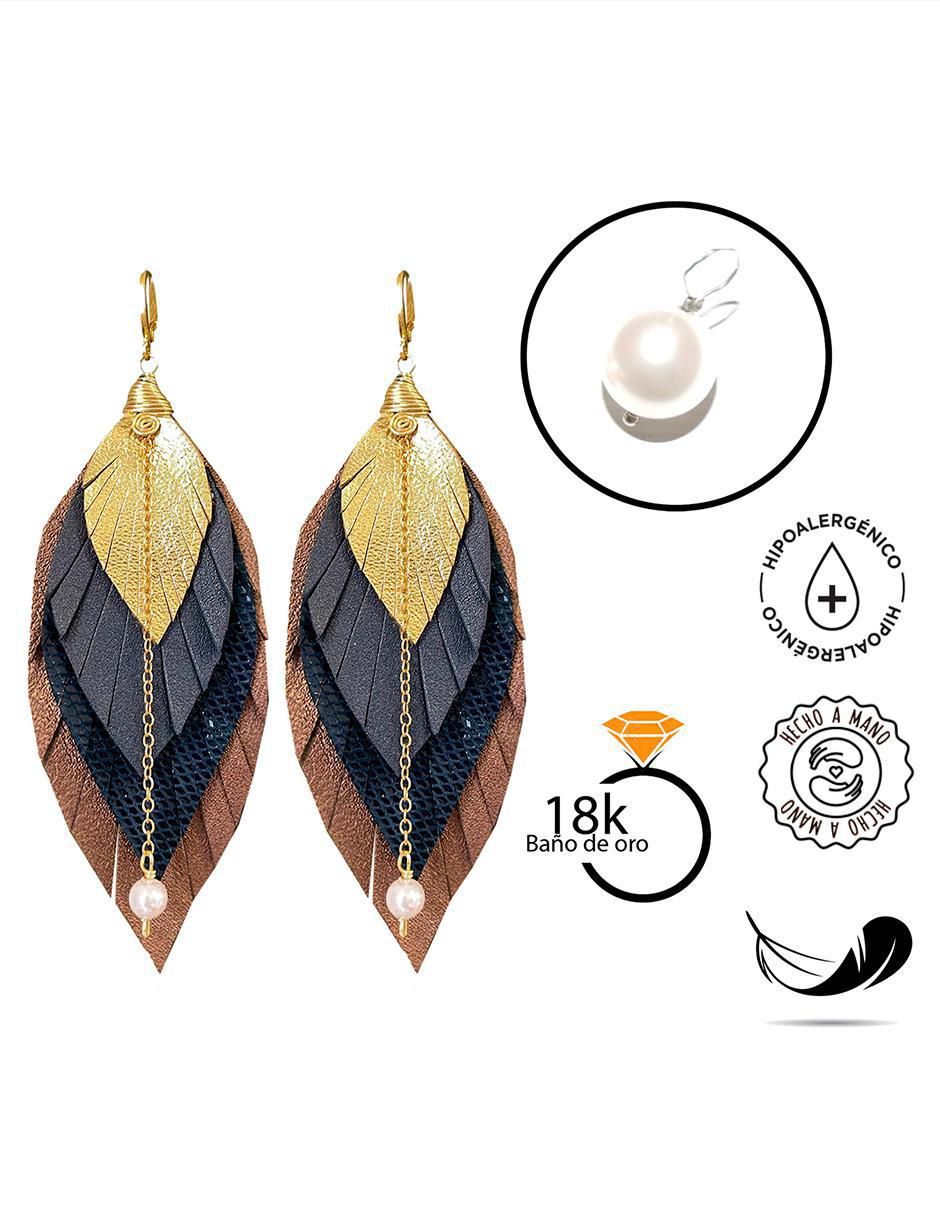 Aretes largos de pluma con acabado baño de oro 18 k 2