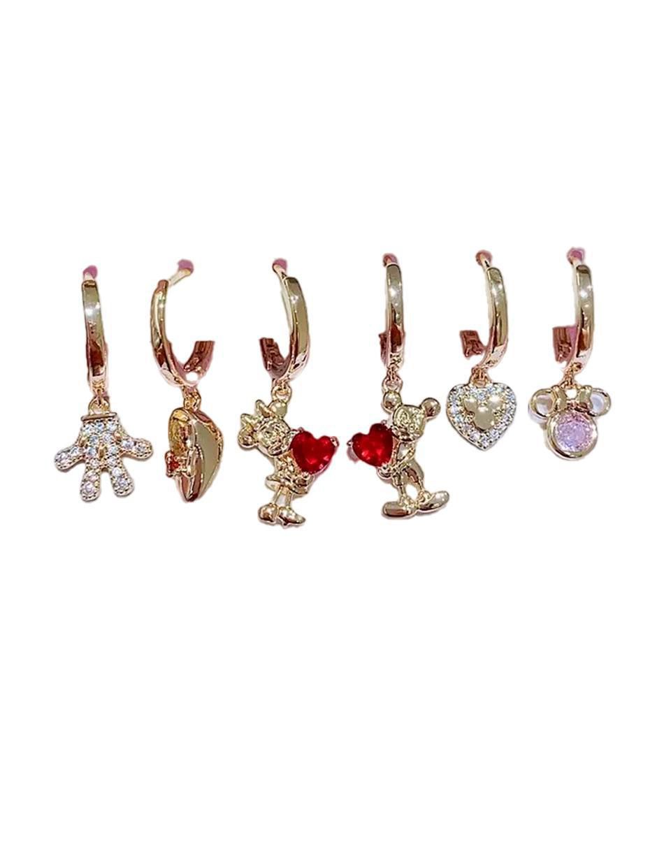 Set de aretes Mickey & Minnie de oro laminado 10 k con acabado pulido zirconia cúbica