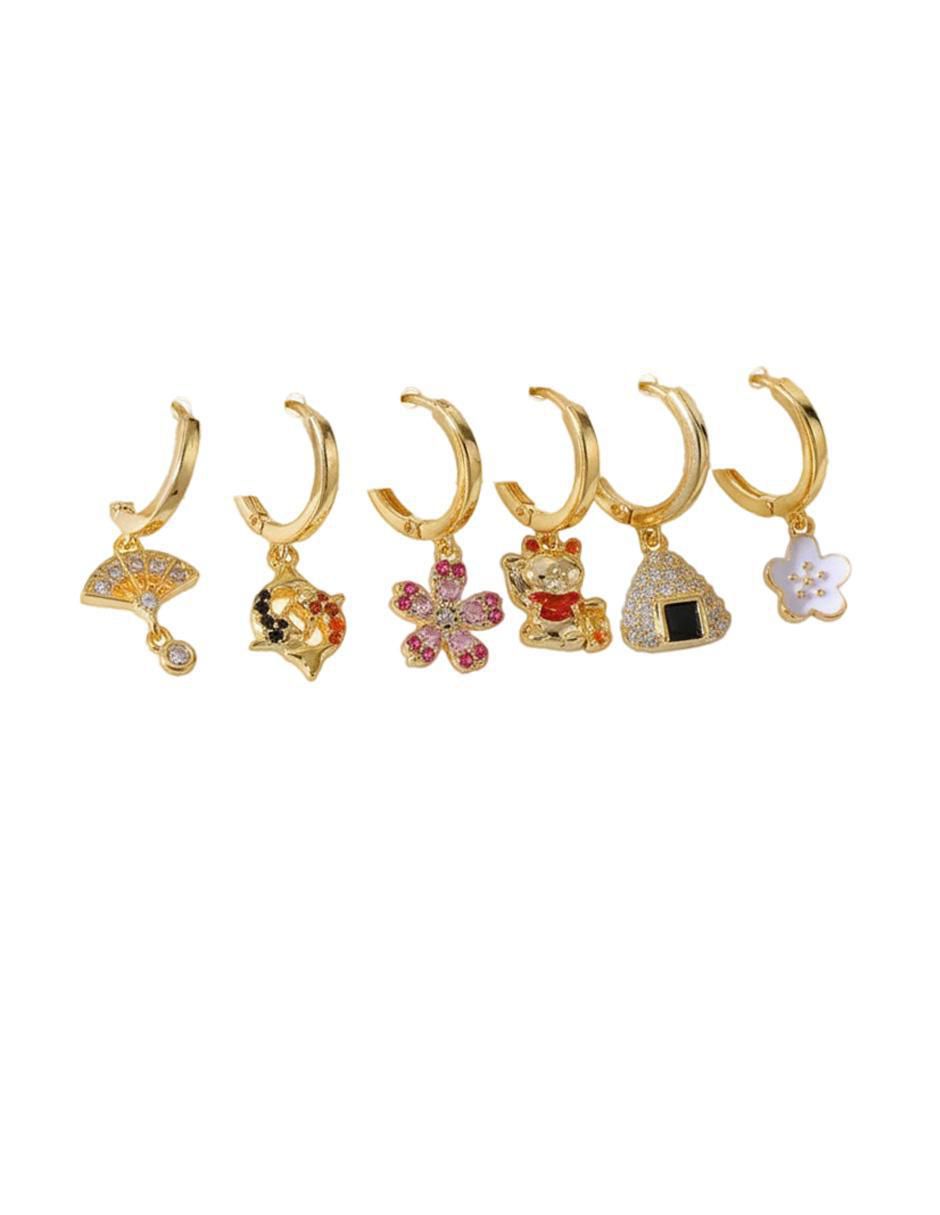 Set de aretes Japones de oro laminado 10 K con acabado pulido zirconia cúbica