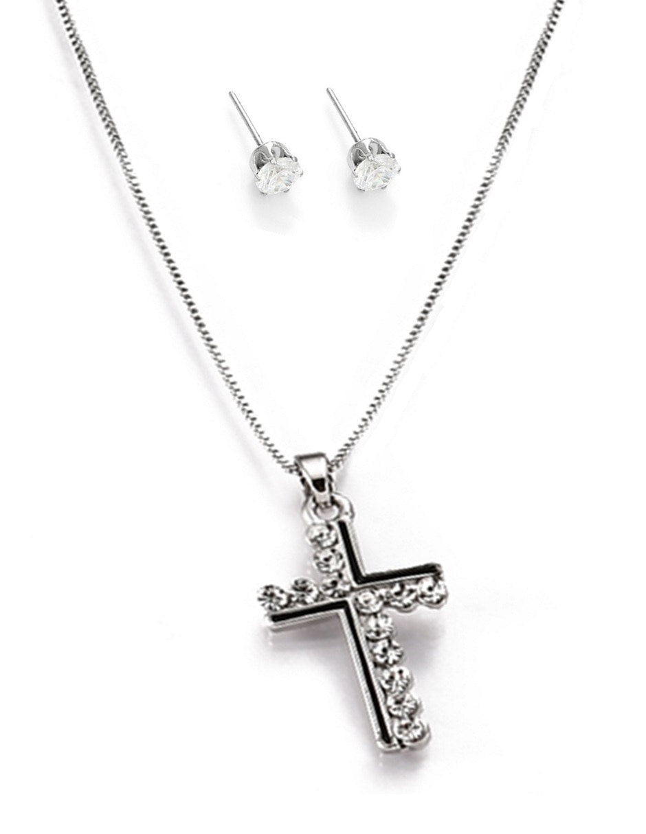 Aretes y collar de forma de Cruz cristal