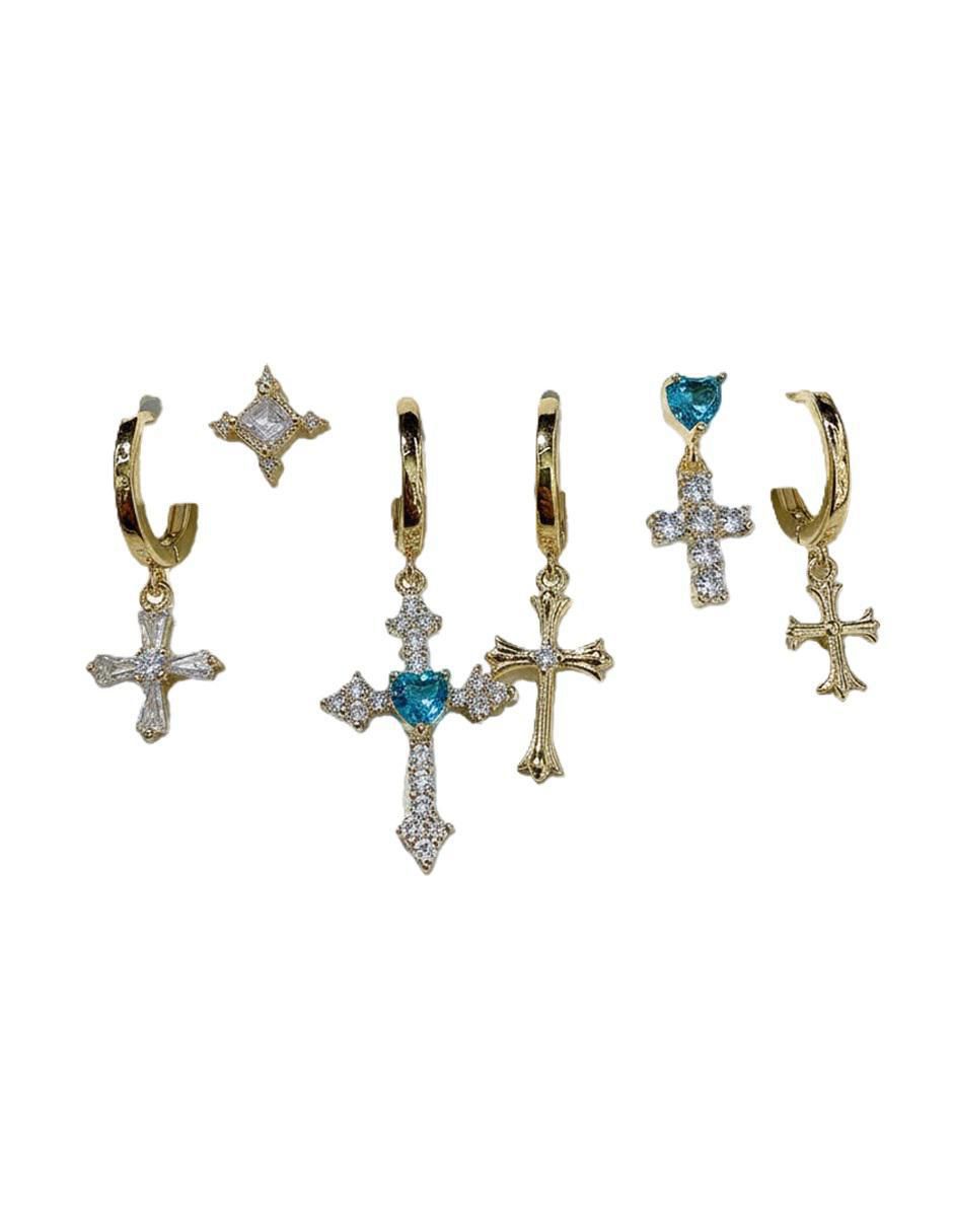 Set de aretes de diferentes formas de oro laminado 10 K con acabado brillante zirconia cúbica