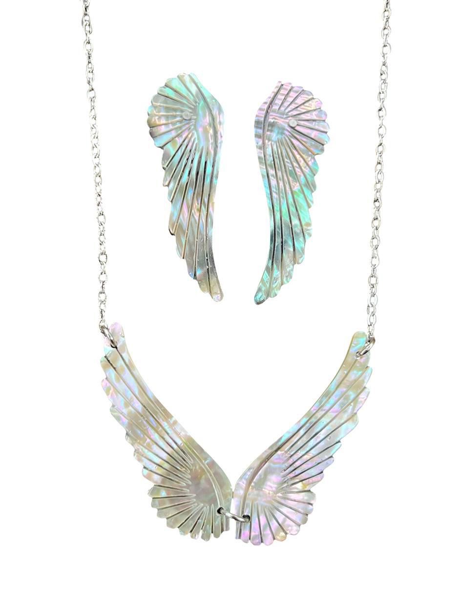 Aretes y collar "de (si aplica)" ángel mirlo blanco sin familia o colección angel "de" acero inoxidable sin kilataje concha de abulón