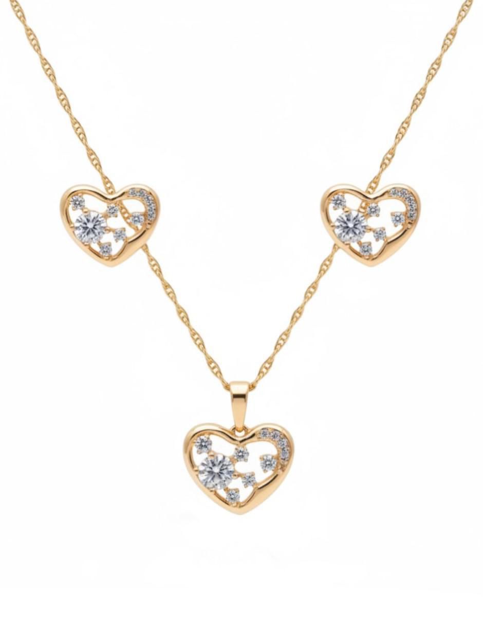 Aretes y collar de corazón de oro laminado 14 K zirconia cúbica
