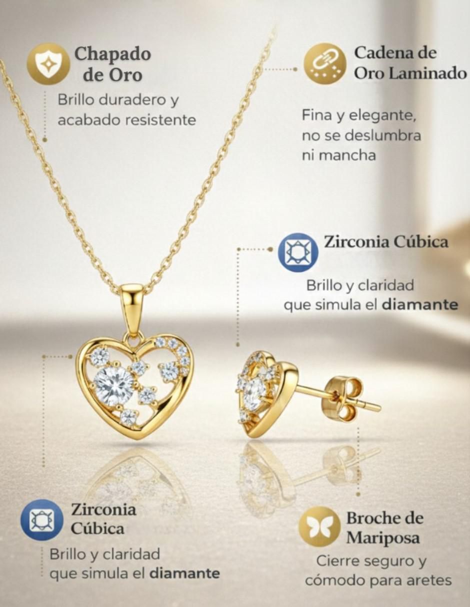 Aretes y collar de corazón de oro laminado 14 K zirconia cúbica 2